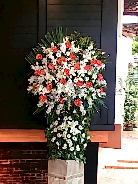 Kırmızı Antorum ve beyaz çiçeklerle Dev Ferforje Çiçeği